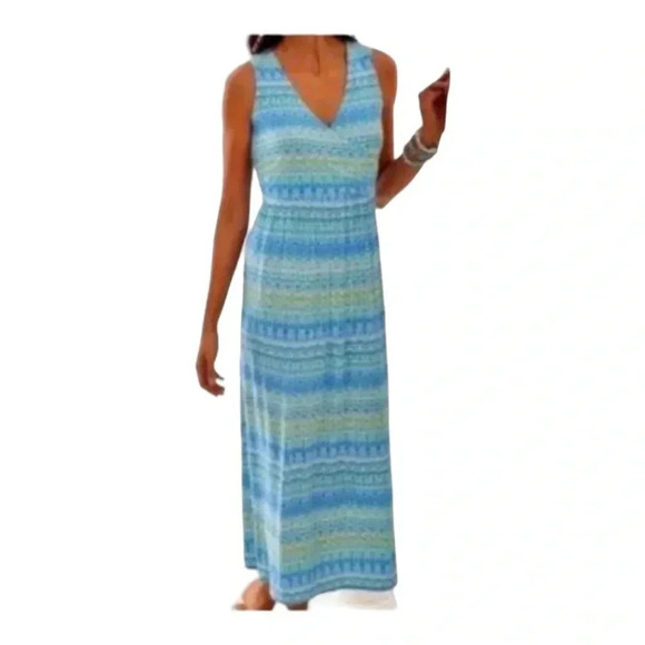 J Jill Maxi Dress Blue Green Surplice V-Neck Sleeveless Stripes Soft Stretch - Picture 1 of 6